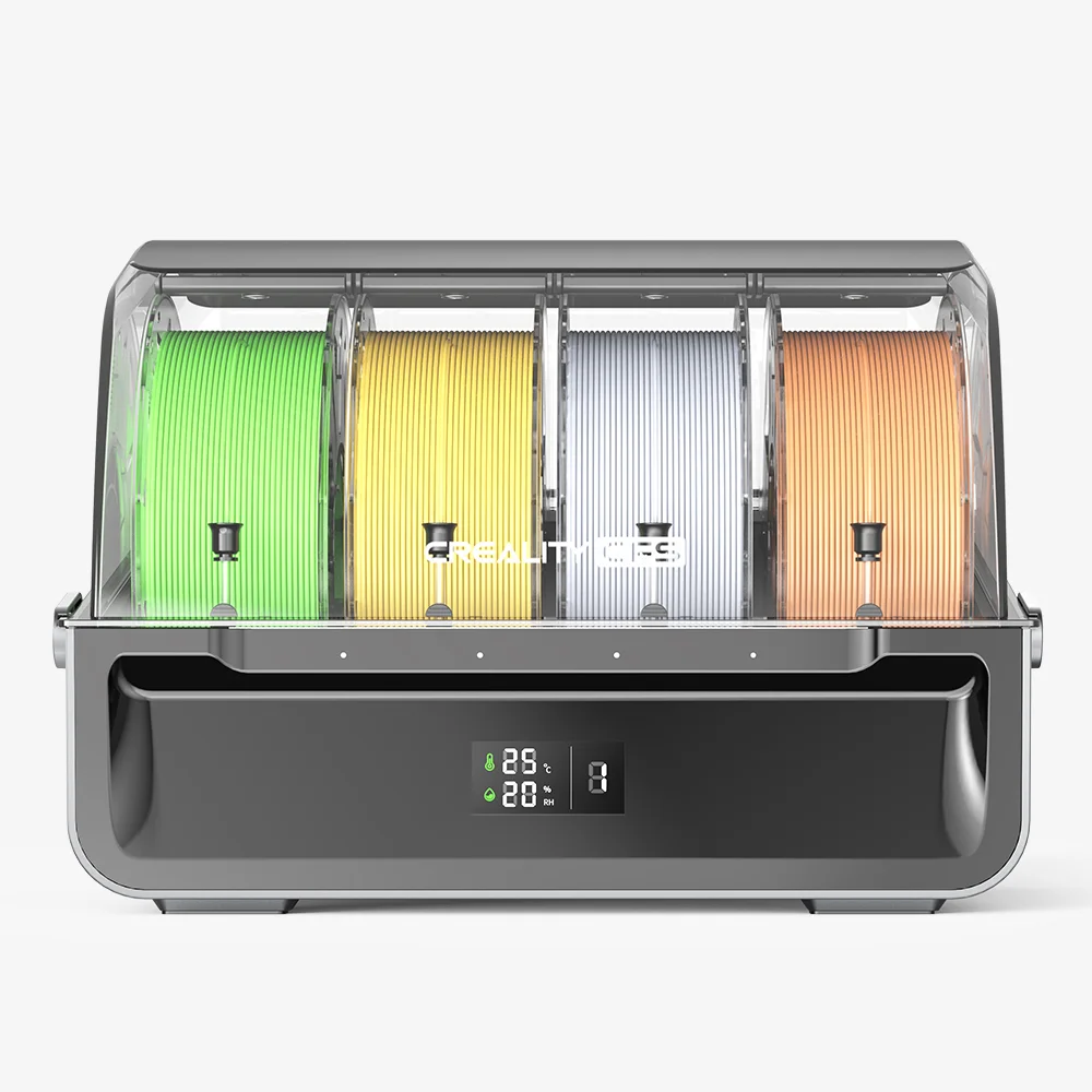 A Creality Filament System unit installed next to a Creality 3D printer for multi-color printing.