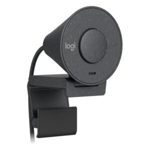A front view of the Logitech Brio 300 Full HD webcam in graphite color.
