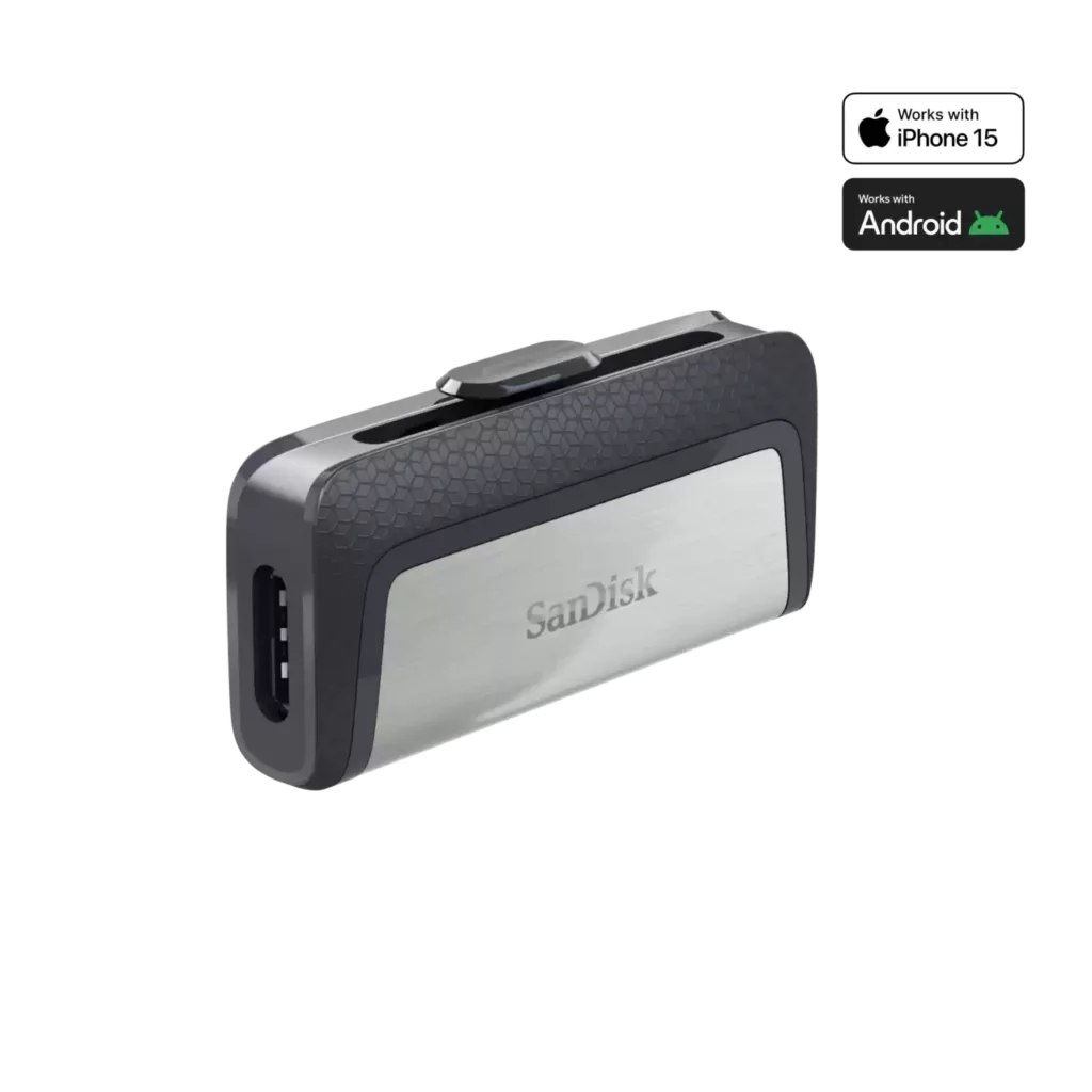 SanDisk Ultra Dual Drive USB Type-C 128GB flash drive showing both USB-C and USB-A connectors.