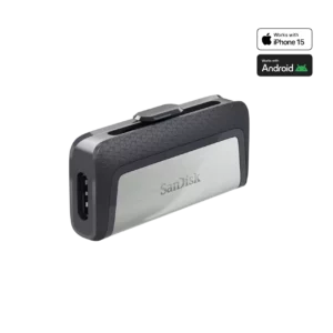 SanDisk Ultra Dual Drive USB Type-C 128GB flash drive showing both USB-C and USB-A connectors.