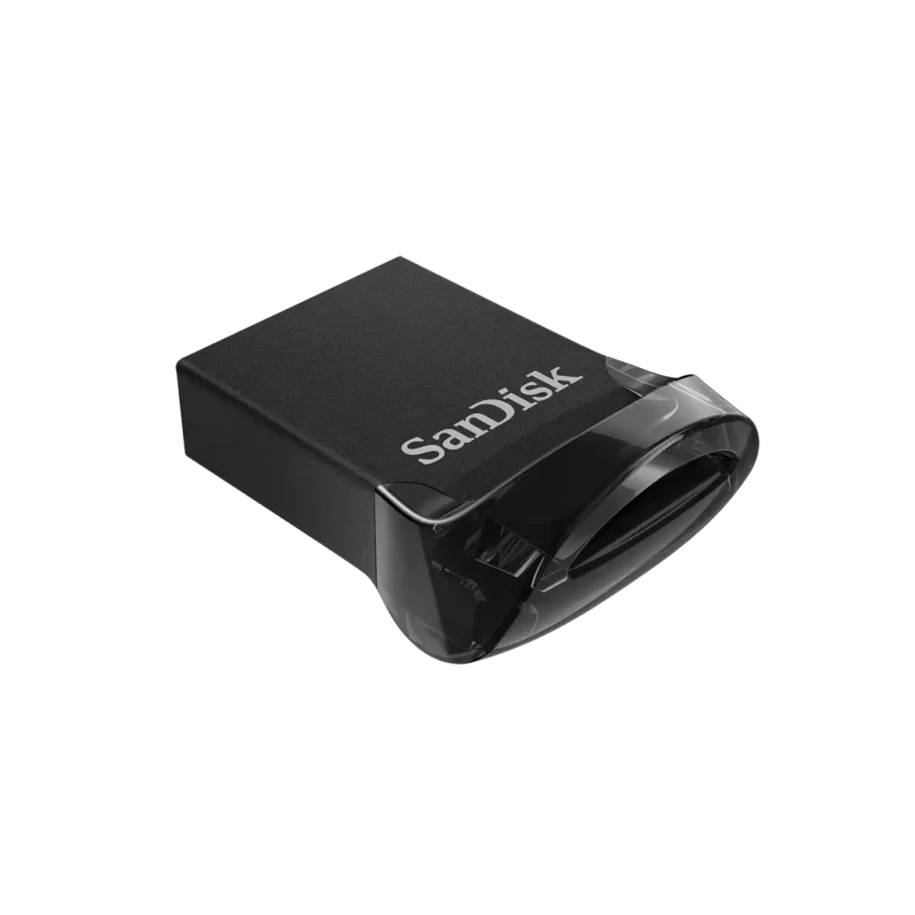 SanDisk Ultra Fit 128GB USB 3.2 flash drive shown in a compact, low-profile design.