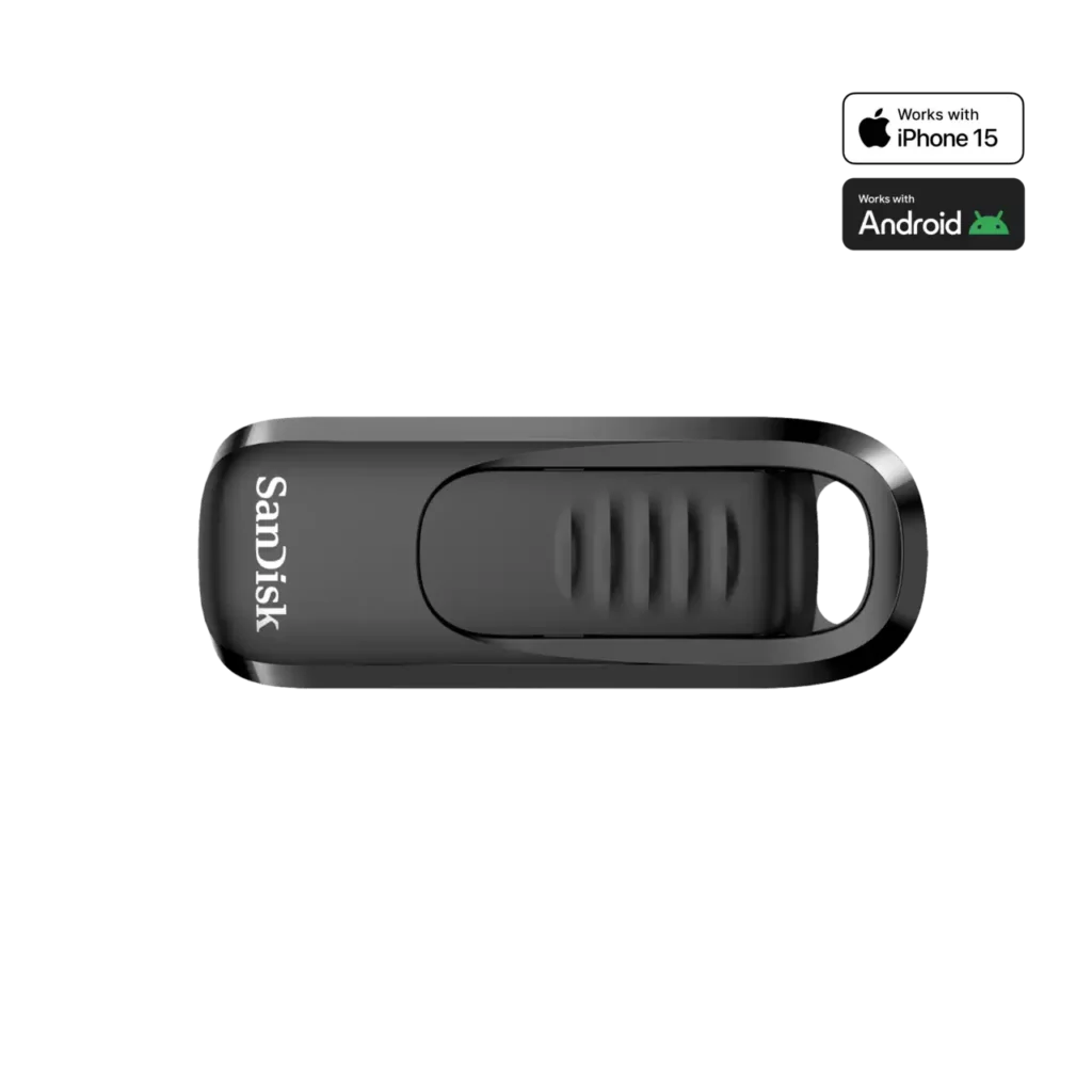 SanDisk Ultra Slider USB-C 256GB flash drive with a retractable connector.