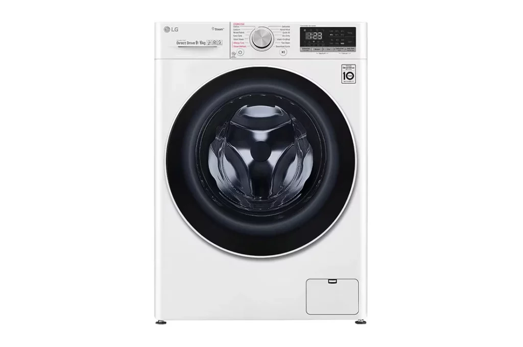 Front view of LG F4V5VGP0W washer dryer combo control panel, white