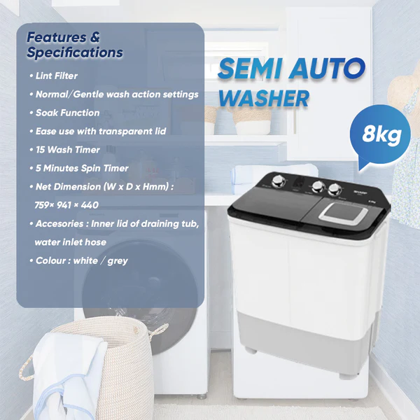 Sharp 8kg Semi Automatic Washing Machine Model:ESTP8016 - Image 2