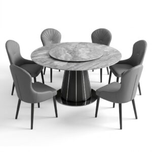 Round Dining Table with Six Chairs YZ86 + C218 set, featuring a sleek circular tabletop and six matching ergonomically designed chairs for a complete dining room look