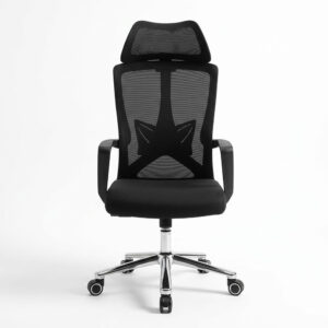 Office Chair Model D05 in a sleek black finish, featuring a contoured backrest for lumbar support and a robust swivel base with smooth wheels