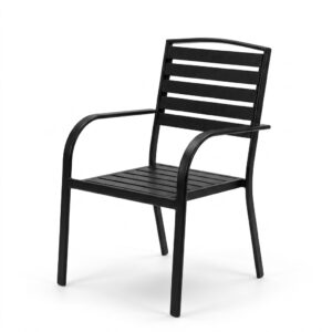 Outdoor Chair Iron+Wood Model JL217 with sturdy black metal frame and natural wood slats
