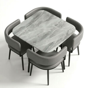 Square Marble Dining Table With 4 Chair Grey Model 909 featuring a polished grey stone surface and contemporary upholstered chairs