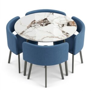 Round Marble Dinning Table White Grey with 4 Chairs arranged in a modern kitchen setting
